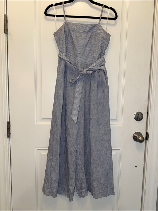 J. Crew Pants - J Crew size 6 Petite Striped Blue Linen-Blend Sleeveless Jumpsuit with Tie Waist